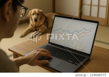 ノートPC画面に盲導犬が映る在宅ワーク風景 128686575