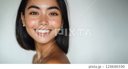 Happy young woman with natural skin and beautiful smile enjoying life.Macro.AI Generative. 128686590