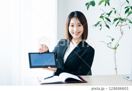 タブレットを見せるビジネスウーマン 128686601