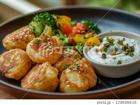 Top view plate with fresh mashed potatoes pancakes with various vegetable.Macro.AI Generative. 128686616