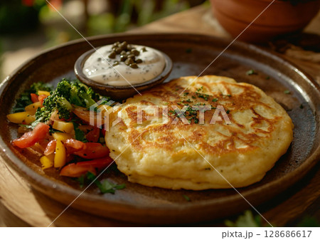 Top view plate with fresh mashed potatoes pancakes with various vegetable.Macro.AI Generative. 128686617