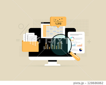 Data analysis on marketing analytics dashboard - business metrics, document folders, graphs and spreadsheet marketing statistics. Business data analysis for better decision making vector illustration 128686862