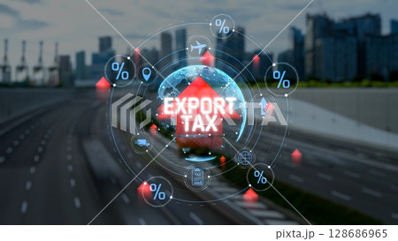 Impact of Export Tax on Global Trade, Financial Systems, and Economic Growth in Urban Landscape with City Skyline Background. Consignment 128686965