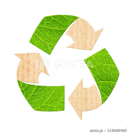 Arrows recycle symbol from recycled paper and green leaf. Reuse, renewable resources. Eco-friendly, Ecology, go green, environmental, zero waste, responsible consumption concept. Isolated on white 128686980