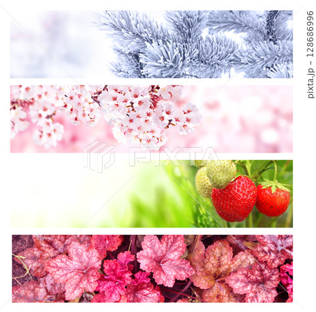 Set of horizontal nature banners. Four season of year. Each one features scene of nature, from the gentle snowfall of winter to the vibrant leaves of summer. Perfect for showcasing changing seasons 128686996