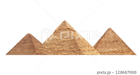 Famous Great Pyramids of Menkaure, Chephren and Cheops, Cairo, Egypt. Three iconic Great Pyramids, Giza Necropolis, have become a popular destination for travellers. Isolated on white background 128687000