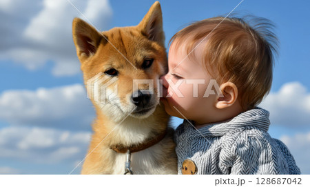青空の下で遊ぶ子供と柴犬 128687042