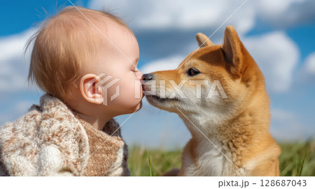 青空の下で遊ぶ子供と柴犬 128687043