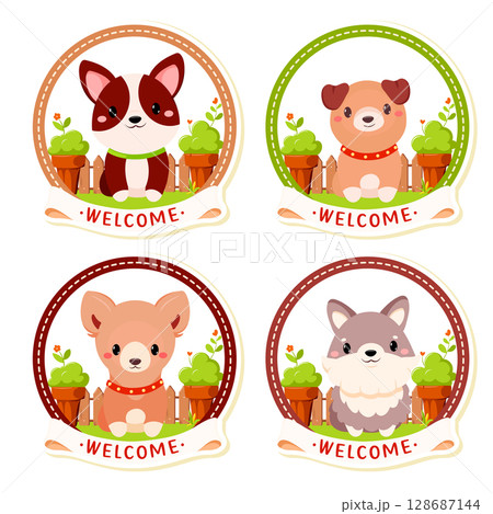 Set of Welcome sign with puppy. Collection of pet friendly label with Inscription Welcome. Stamp or sticker with cute dog in garden. Can be used for hotel, Vet clinic, pet shop. Vector EPS8 128687144