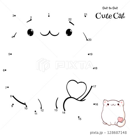 Connect The Dots and Draw Cute Cat. Dot to dot puzzle - cartoon little kitty. Educational Game for Kids. Drawing for Preschool children. Vector Illustration EPS8 128687148