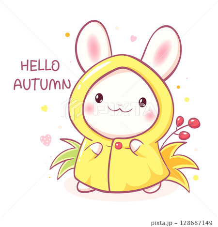 Hello autumn. Square card with kawaii little bunny in raincoat. Cute Baby rabbit in slicker of yellow color. Can be used for t-shirt print, sticker, seasonal greeting card. Vector illustration EPS8 Hello autumn. Square card with kawaii little bunny in raincoat. Cute Baby rabbit in slicker of yellow color. Can be used for t-shirt print, sticker, seasonal greeting card. Vector illustration EPS8 128687149
