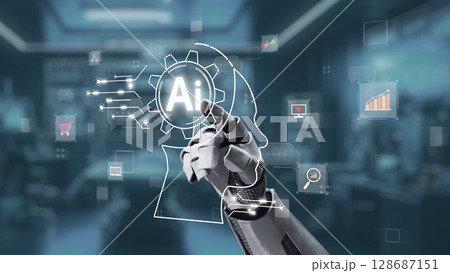 Futuristic Robotic Hand Interacting with AI Technology Interface in a Modern Digital Workspace with Graphs and Icons. Auvana Futuristic Robotic Hand Interacting with AI Technology Interface in a Modern Digital Workspace with Graphs and Icons. Auvana 128687151