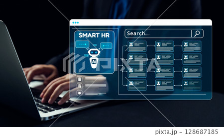 Innovative HR Technology Interface Featuring Robot Assistant with Data Management and User Search Functionality in Modern Workplace Setting. Qubit Innovative HR Technology Interface Featuring Robot Assistant with Data Management and User Search Functionality in Modern Workplace Setting. Qubit 128687185