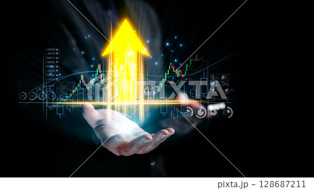 Hands Reaching for Success with Financial Graphs and Upward Arrows Illustrating Growth and Prosperity in a Digital Business Environment. Qubit Hands Reaching for Success with Financial Graphs and Upward Arrows Illustrating Growth and Prosperity in a Digital Business Environment. Qubit 128687211