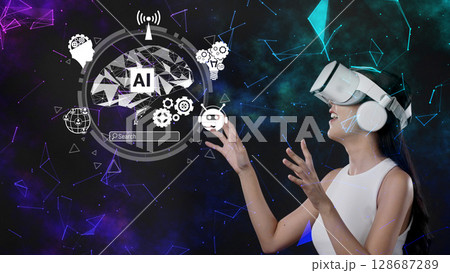Enthusiastic User Engages with AI Technology in Virtual Reality Environment with Futuristic Elements and Symbols of Intelligence and Innovation XDMCP Enthusiastic User Engages with AI Technology in Virtual Reality Environment with Futuristic Elements and Symbols of Intelligence and Innovation XDMCP 128687289
