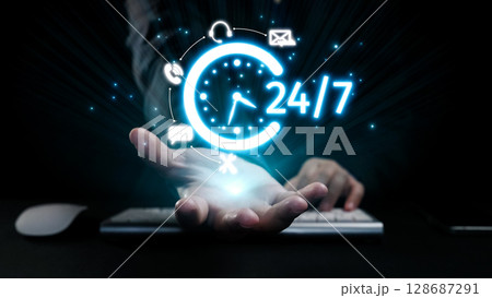 Hands Offering Concept of 24 hour Availability for Customer Service and Support with Clock Symbols, Communication Icons, and Dark Background. Qubit 128687291