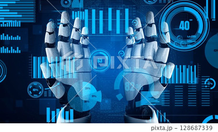 Futuristic robotic hands showcasing data visualization technology with graphs and metrics in a digital landscape highlighting advanced analytics and innovation xenic 128687339
