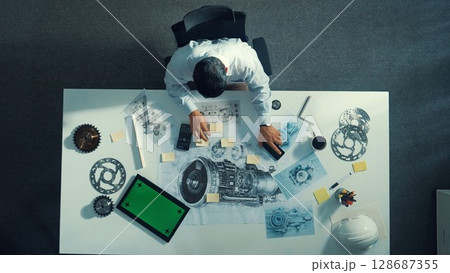 Top view of skilled engineer writing and planning engine design. Alimentation. 128687355