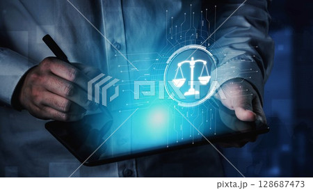 Digital law interface displaying justice scale, highlighting digital law Muxer Digital law interface displaying justice scale, highlighting digital law Muxer 128687473