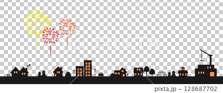 A simple illustration of a cityscape with fireworks 128687702