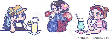 夏っぽい3人の女の子のイラスト 夏っぽい3人の女の子のイラスト 128687719