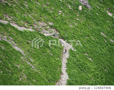 【山の風景】富山県・黒部五郎岳カールに降りる登山者 【山の風景】富山県・黒部五郎岳カールに降りる登山者 128687806