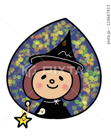 キラキラ星としずくモチーフの中にたたずむカワイイボブヘアのハロウィン魔女の女の子 128687913