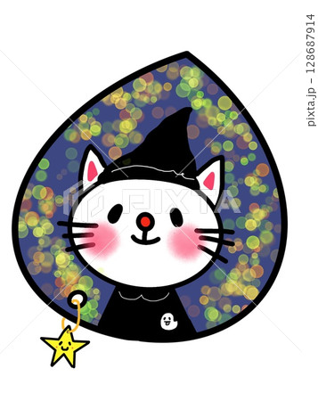 しずくとゆらゆら星のモチーフの中にたたずむハロウィン猫の魔法使い 128687914