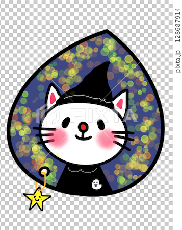 しずくとゆらゆら星のモチーフの中にたたずむハロウィン猫の魔法使い 128687914