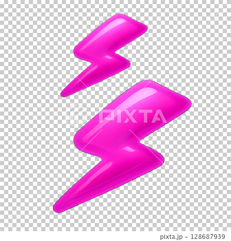 天氣圖示帶有醒目的粉紅色霹靂、豐滿的三維閃電符號以及可愛、流行的霹靂。 128687939