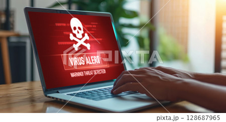Virus warning alert on computer screen detected brisk cyber threat Virus warning alert on computer screen detected brisk cyber threat 128687965