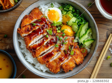 Katsu breaded and fried cutlet slices with rice and egg in bowl plate.AI Generative. 128688302