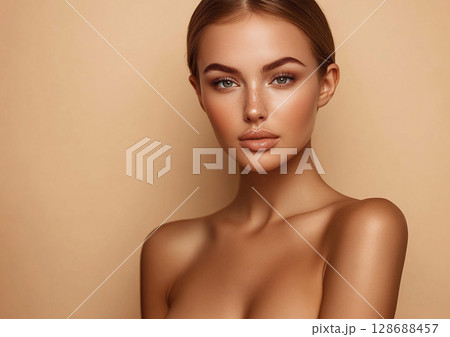 Portrait of beautiful young woman with natural makeup and perfect skin treatment.AI Generative. 128688457