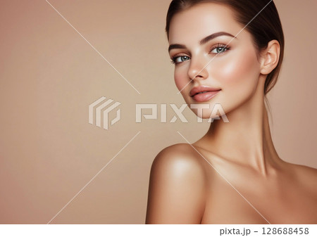 Portrait of beautiful young woman with natural makeup and perfect skin treatment.AI Generative. 128688458