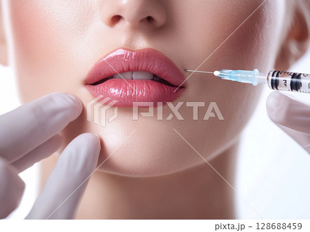 Face and lips of an young beautiful woman receiving botox treatment beauty clinic.AI Generative. 128688459