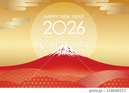 2026年　富士山と初日の出の年賀状テンプレート 128688527