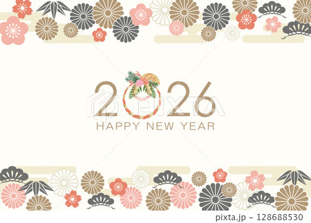 2026年 パステルカラーの和柄年賀状テンプレート 2026年 パステルカラーの和柄年賀状テンプレート 128688530