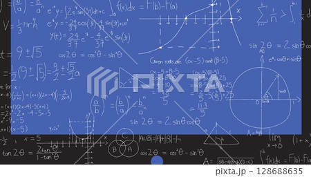 Image of mathematical equations on blue background 128688635