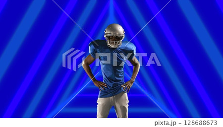 African american male rugby player wearing a helmet against triangle shapes in seamless pattern 128688673
