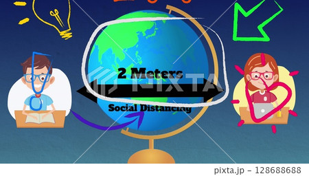 Image of 2 meters social distancing text over schoolchildren and globe Image of 2 meters social distancing text over schoolchildren and globe 128688688