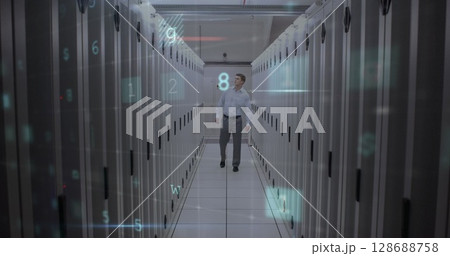 Image of virus scanning and caucasian man checking servers 128688758
