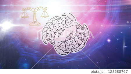 Image of horoscope symbols over blue background 128688767