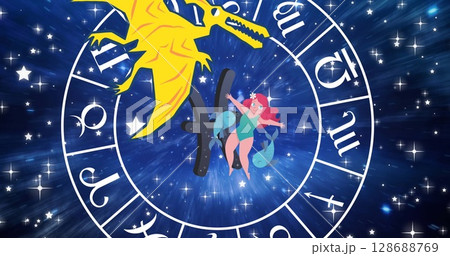 Image of yellow dragon, aquarius star sign and zodiac wheel spinning over stars on sky 128688769