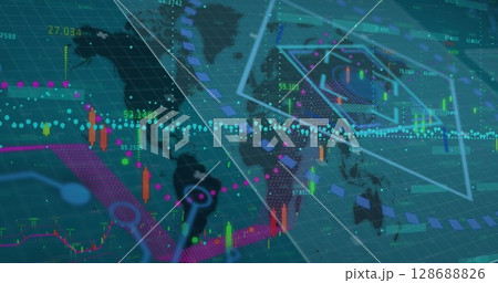 Image of data processing over world map Image of data processing over world map 128688826
