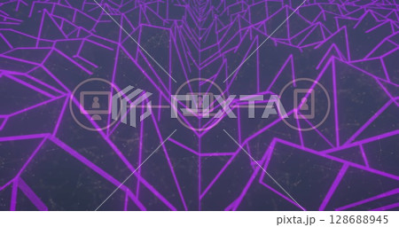 Image of network od connections with icons over shapes on black background 128688945
