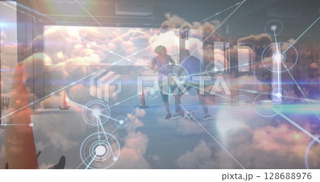 Image of data processing over african american male and female soccer players exercising Image of data processing over african american male and female soccer players exercising 128688976