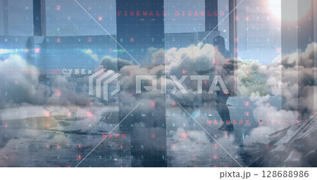 Image of cyber attack warning over clouds and man skipping with skipping rope 128688986