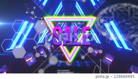 Image of sale over tunnel made of neon triangles and chemical formulas 128688995
