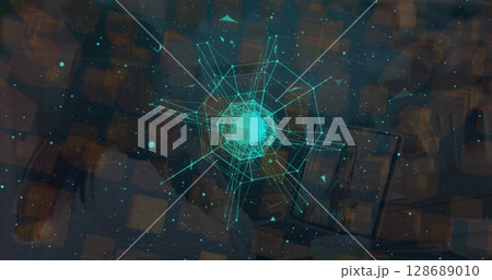 Image of network of connections over businesswoman in office 128689010