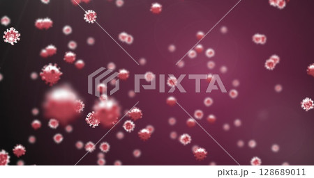 Floating 3D-rendered coronavirus particles drifting in gradient space, with white crown spikes 128689011